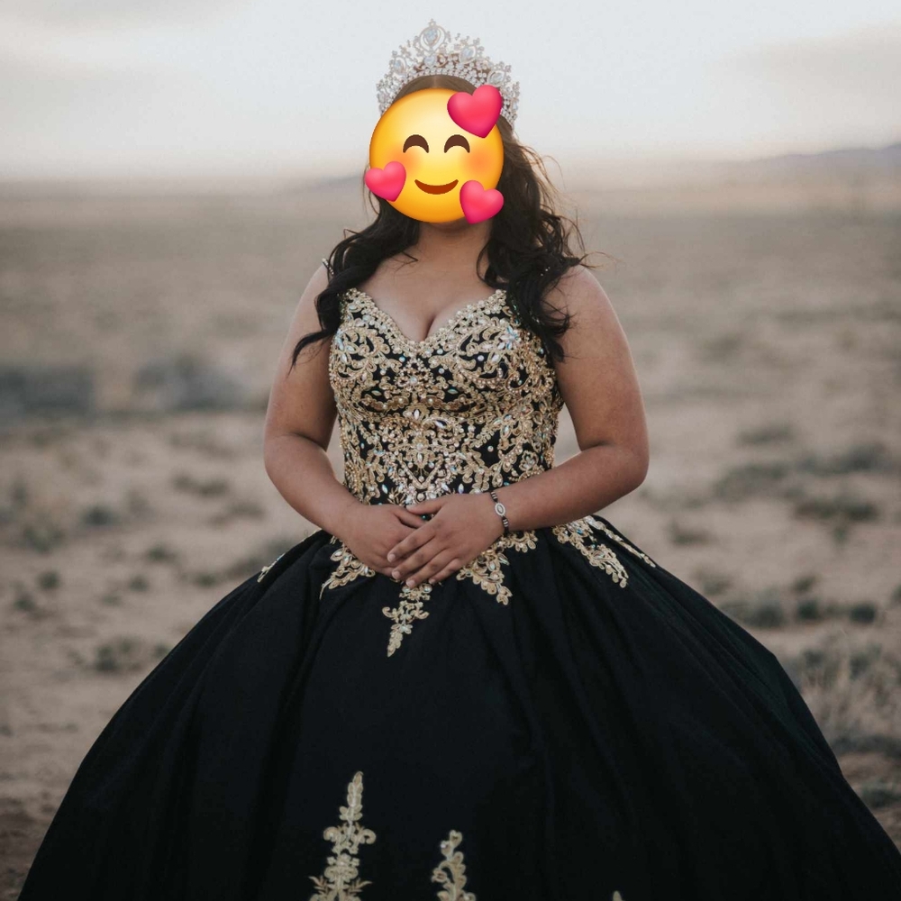Prom Wedding Quinceañera Black Gold Ball Gown Iridescent gems detachable cape - Picture 4 of 10